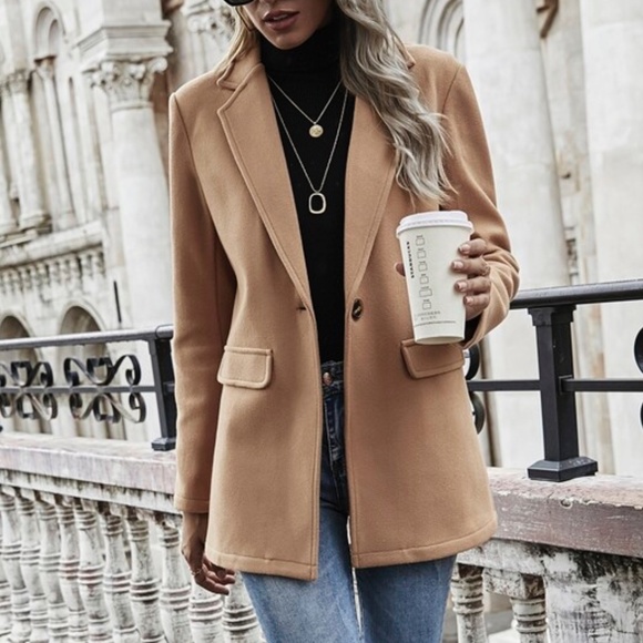 Classic Khaki Tan Button Minimalist Jacket Blazer - Picture 3 of 5